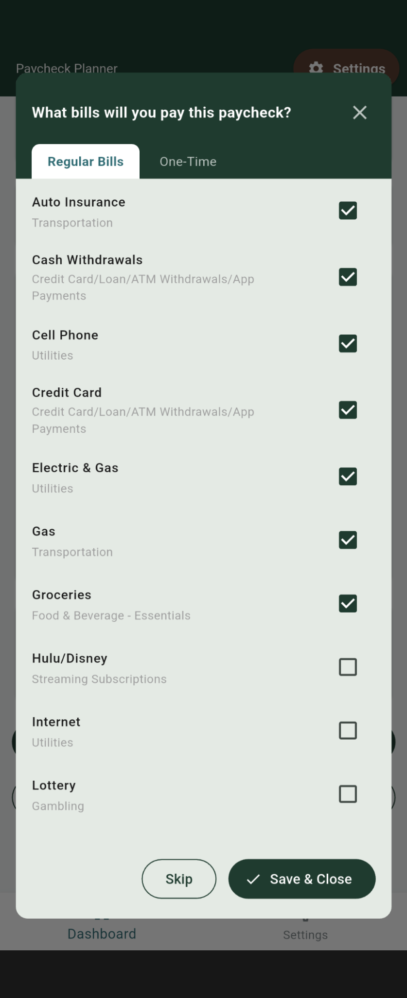 Bill selection screen