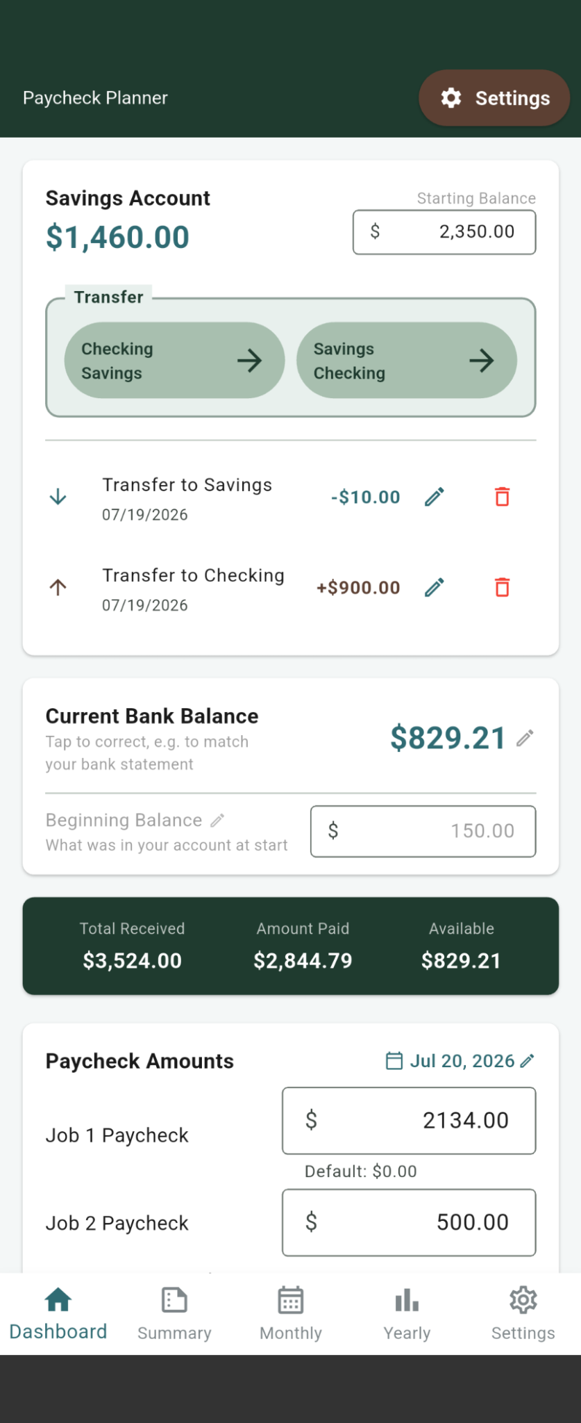 Paycheck Planner dashboard showing savings, bank balance, income, spending, and available funds